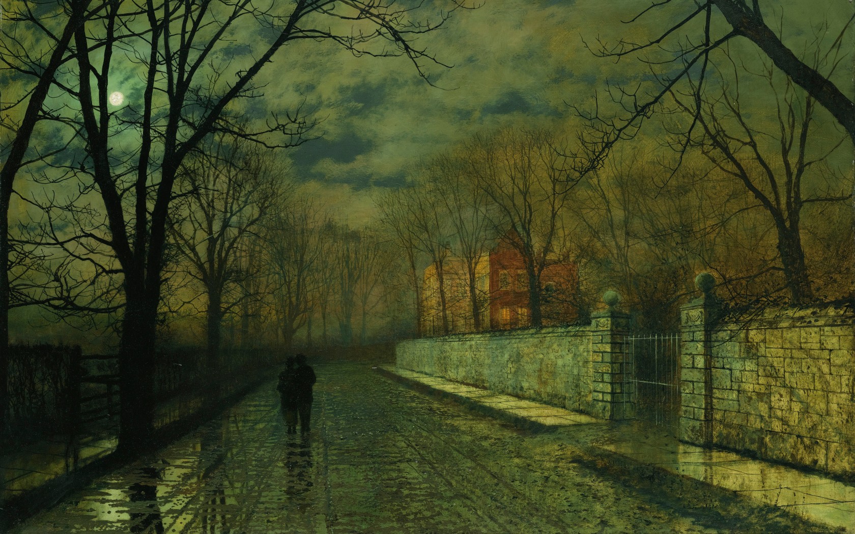 Figures in a moonlit lane after rain by John Atkinson Grimshaw
