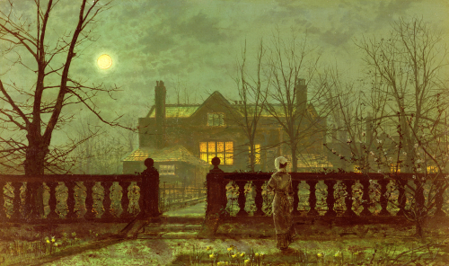 Lady In A Garden By Moonlight. John Atkinson Grimshaw. Oil On Board, 1882
